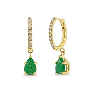 14K SMALL PAV DIAMOND HINGE HUGGIE HOOPS WITH PEAR EMERALDS