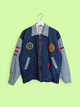 80's Denim College Jacket with Patches - size M