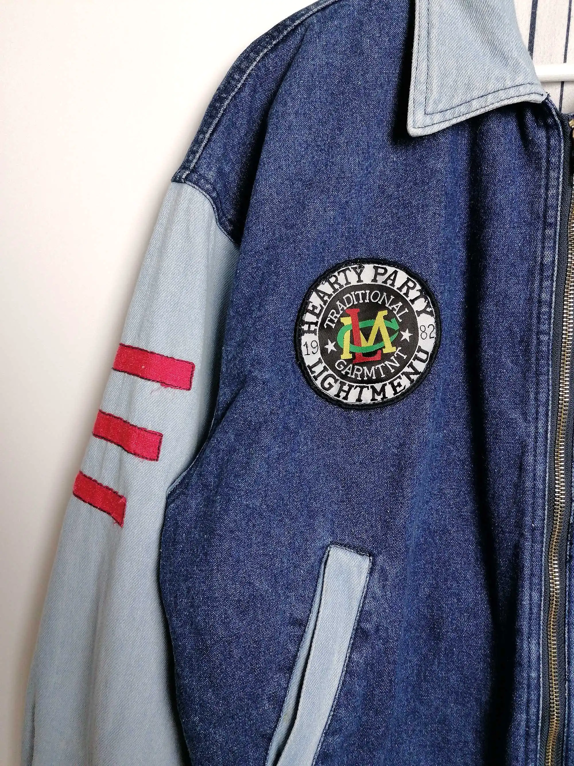 80's Denim College Jacket with Patches - size M