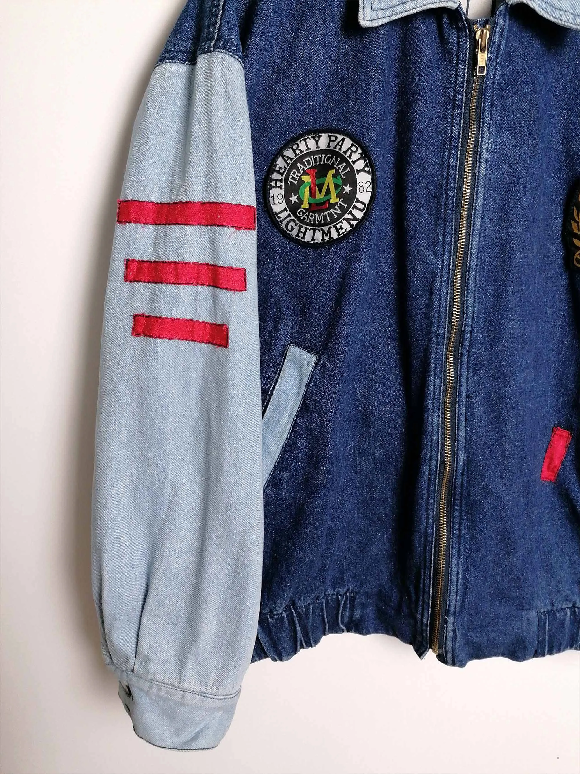 80's Denim College Jacket with Patches - size M