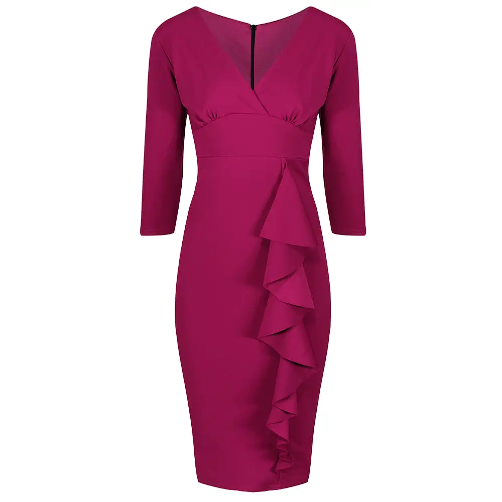 Amaranth 3/4 Sleeve Empire Waist Waterfall Ruffle Wiggle Pencil Dress