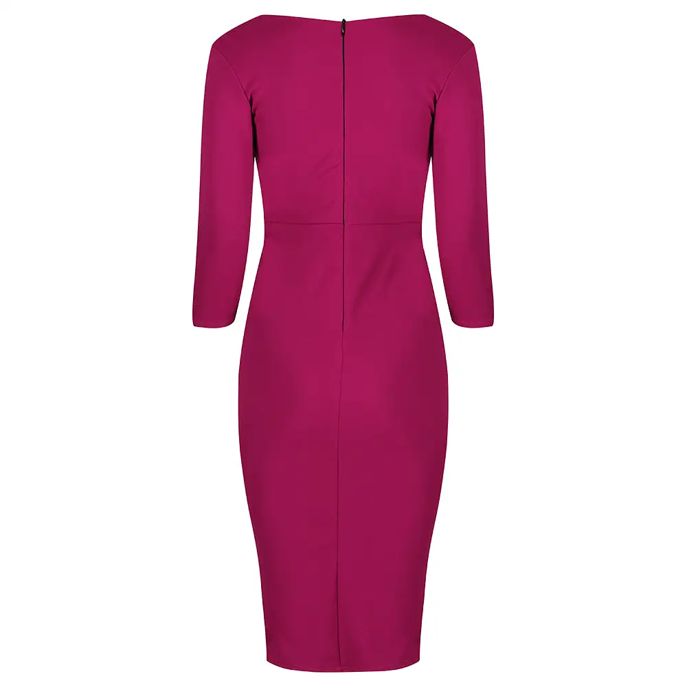 Amaranth 3/4 Sleeve Empire Waist Waterfall Ruffle Wiggle Pencil Dress