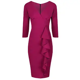 Amaranth 3/4 Sleeve Empire Waist Waterfall Ruffle Wiggle Pencil Dress