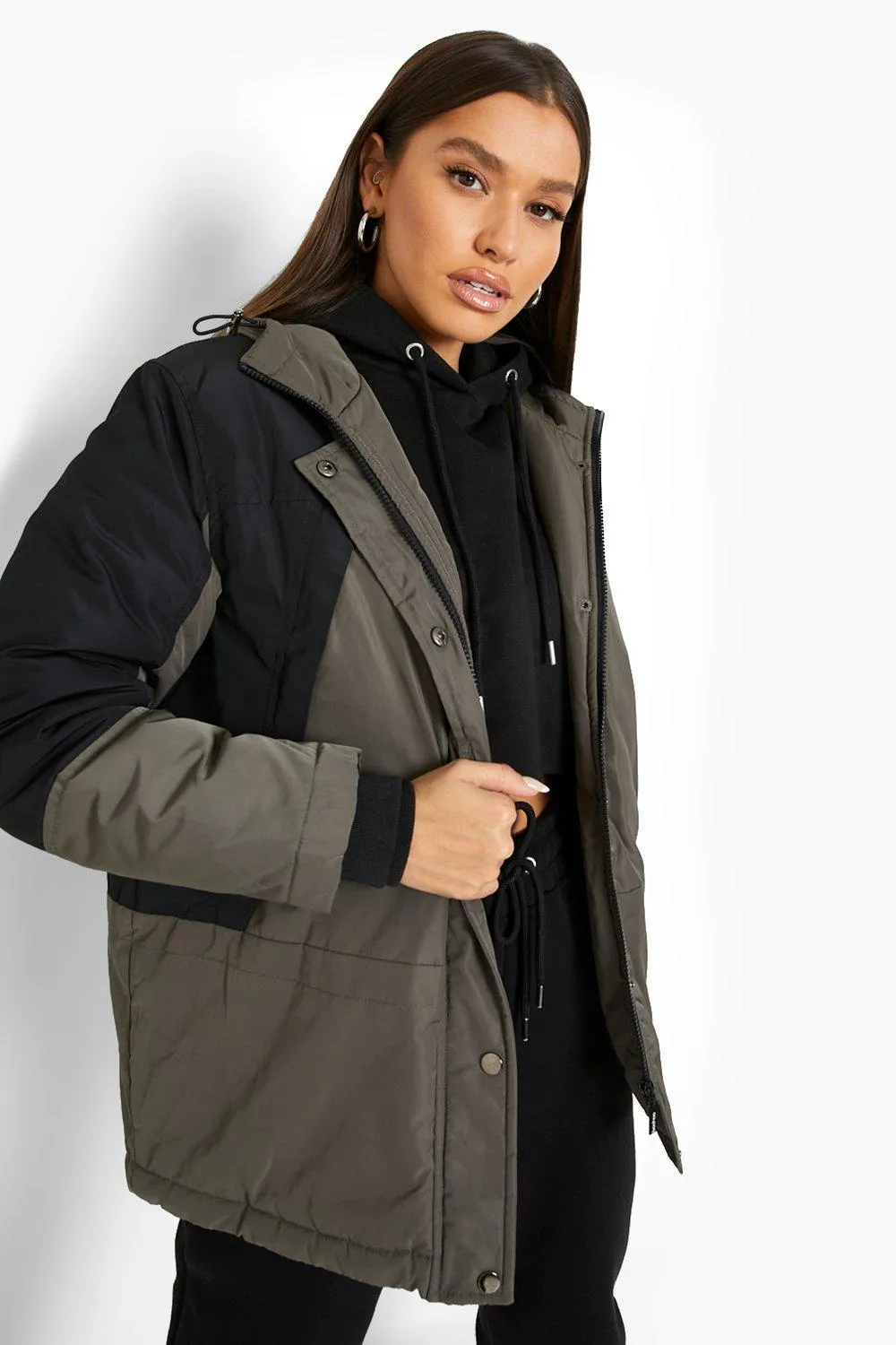 Arm Detail Hooded Parka Coat