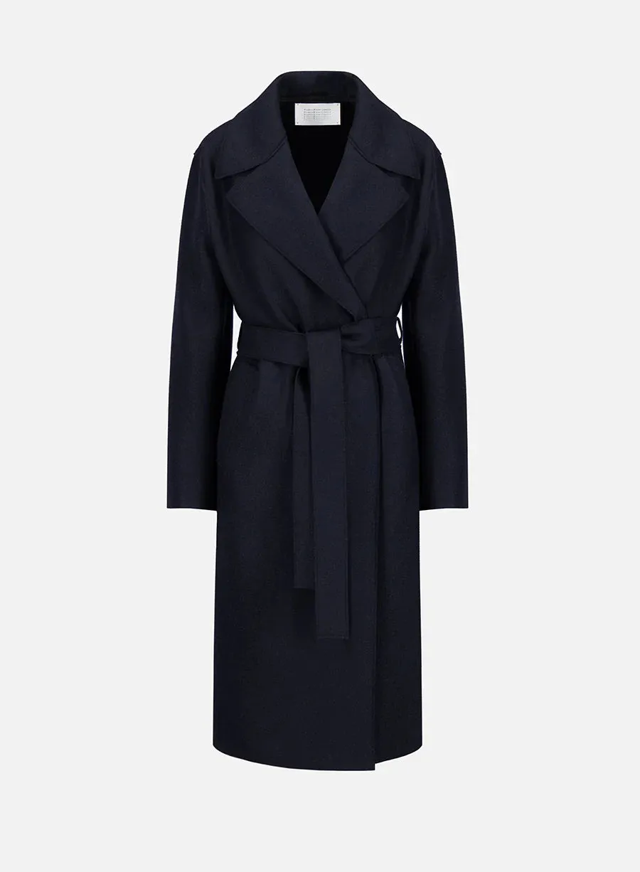 Belted long coat pressed wool and polaire