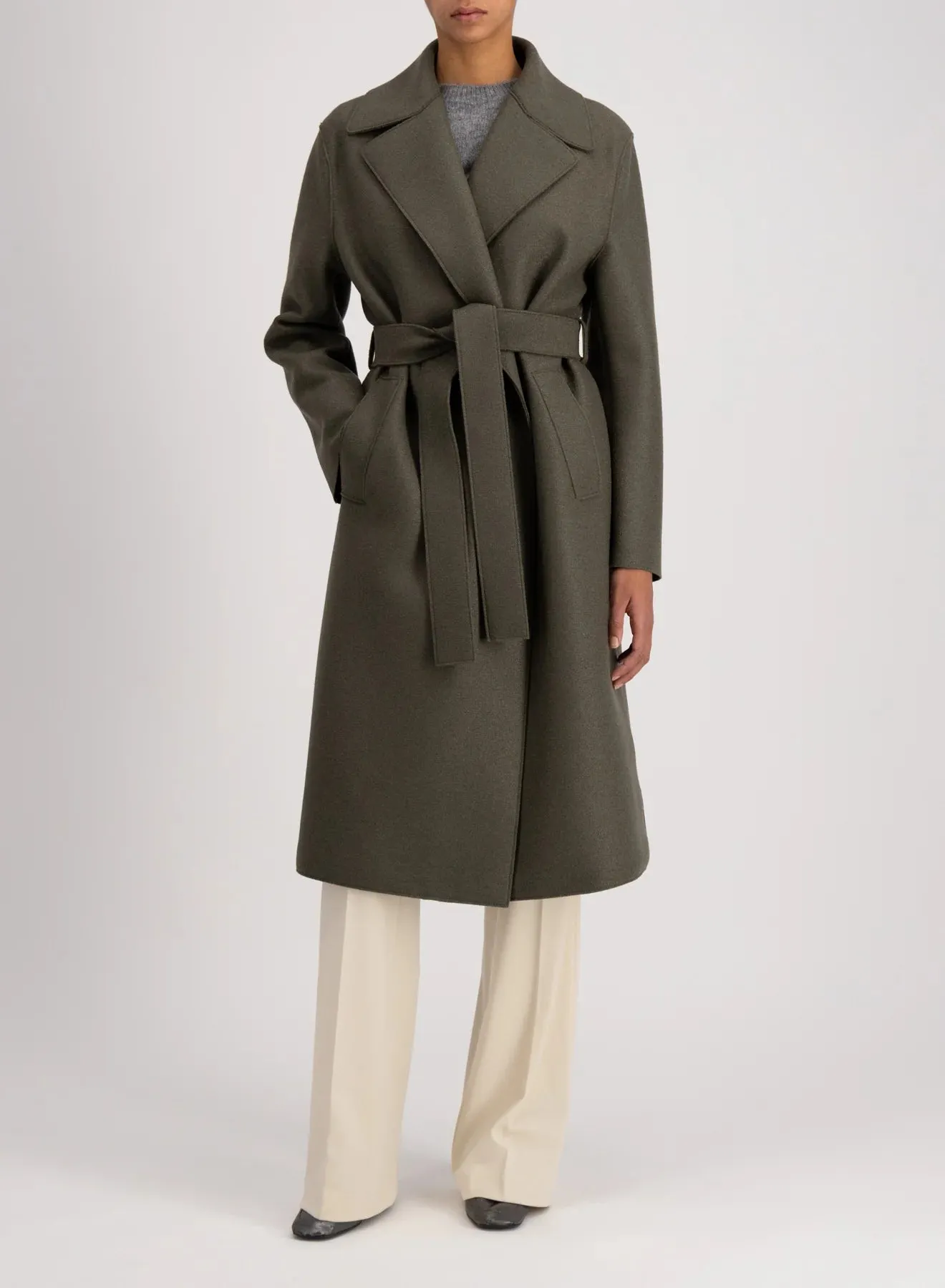 Belted long coat pressed wool and polaire