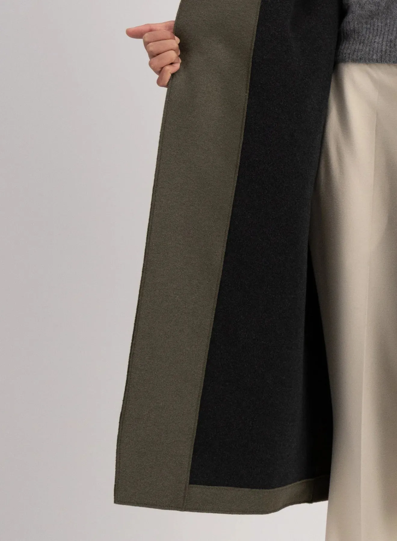 Belted long coat pressed wool and polaire