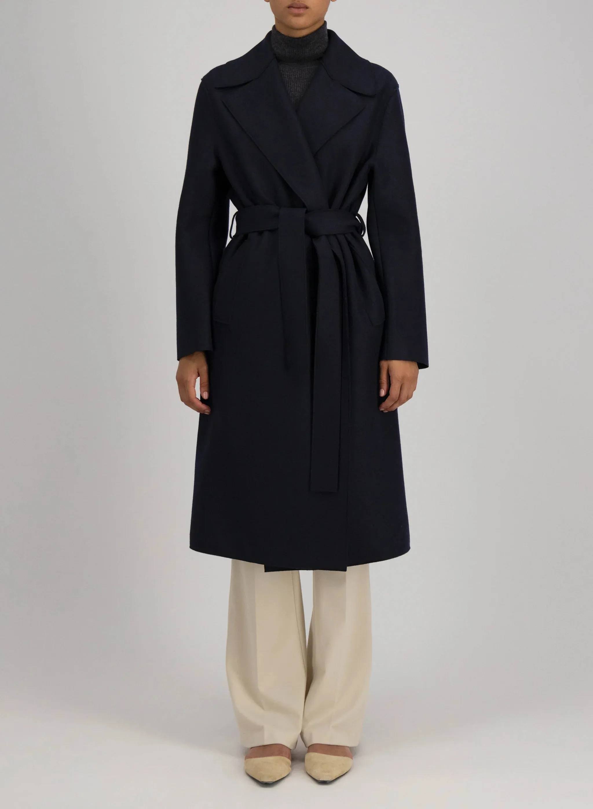 Belted long coat pressed wool and polaire