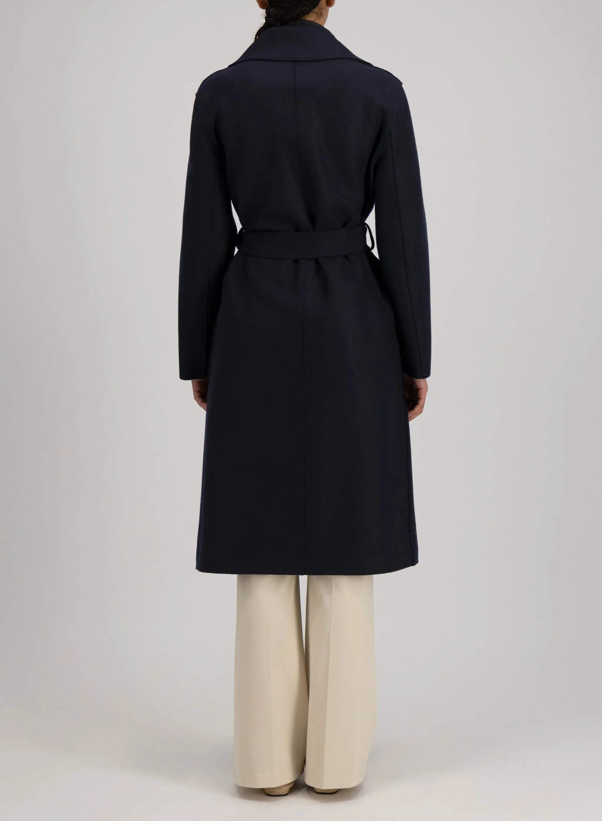 Belted long coat pressed wool and polaire