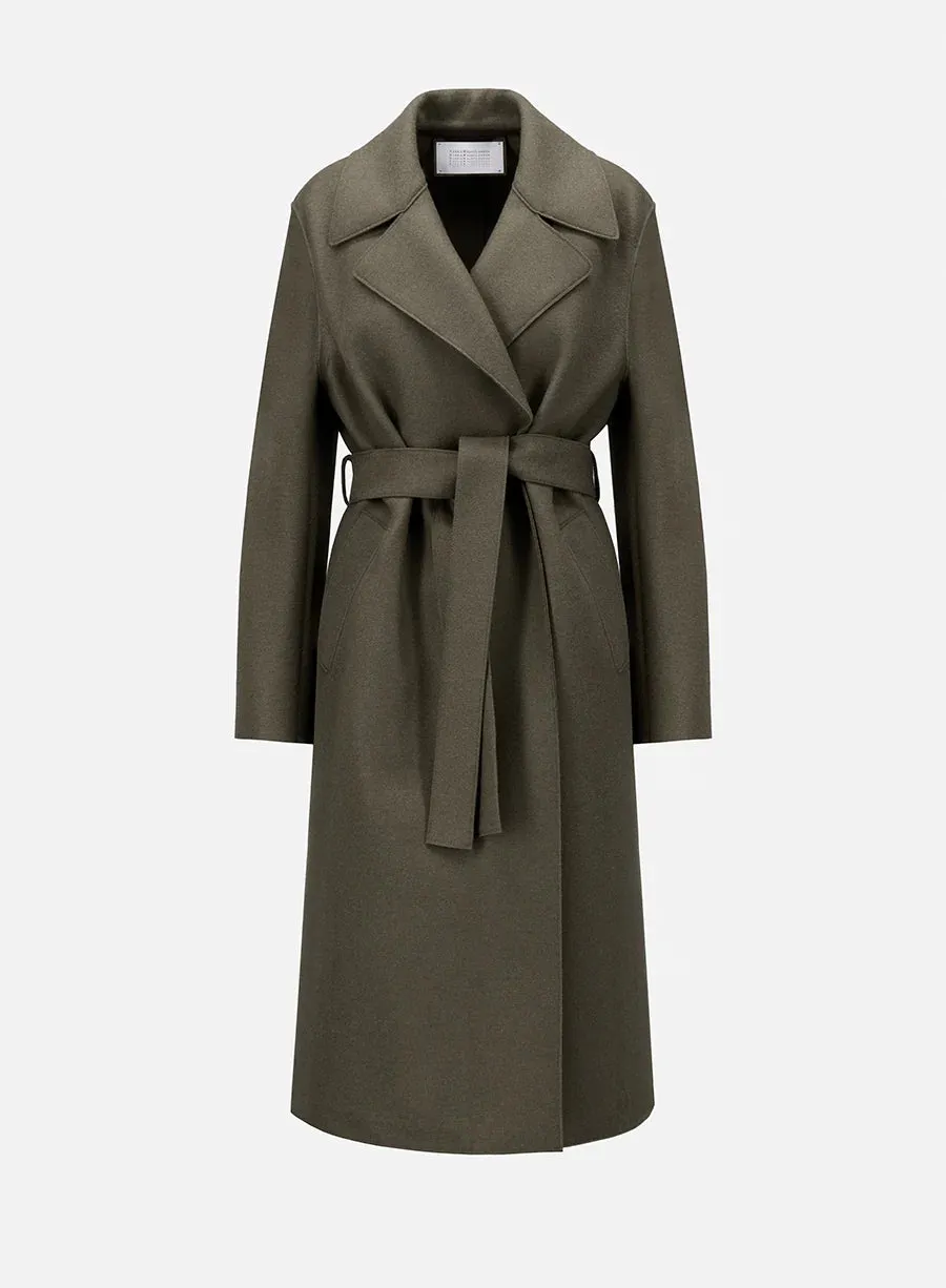 Belted long coat pressed wool and polaire