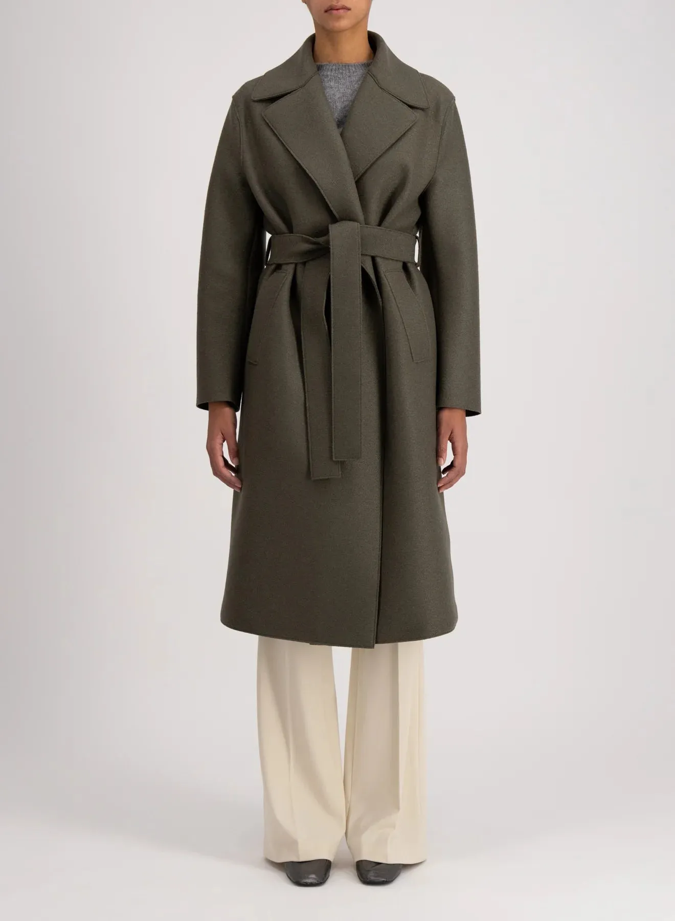 Belted long coat pressed wool and polaire