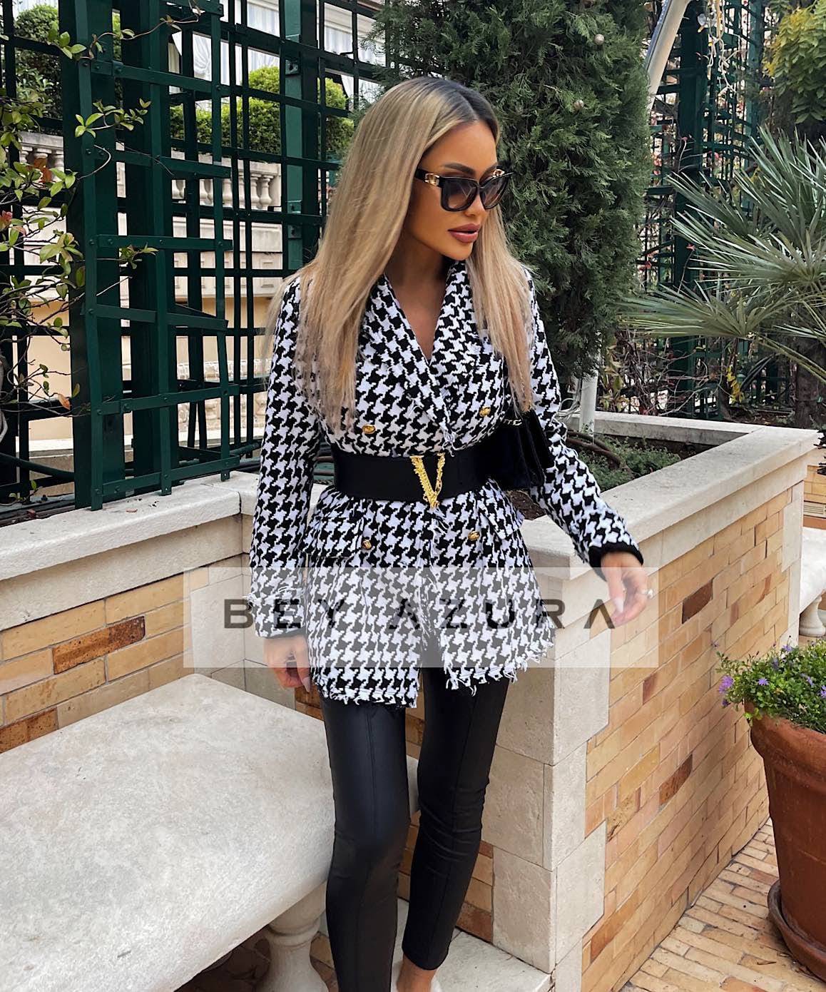 Black And White Houndstooth Blazer Coat With Gold Buttons