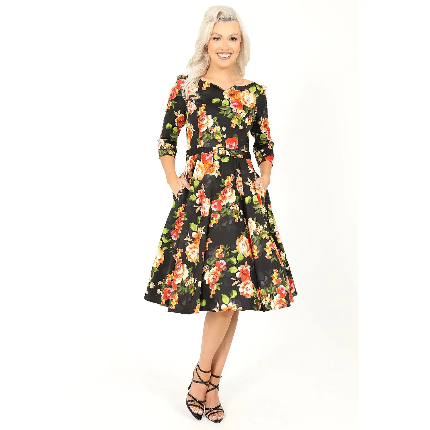 Black Floral Print 50s Swing Tea Dress With Boat Neck & 3/4 Sleeves