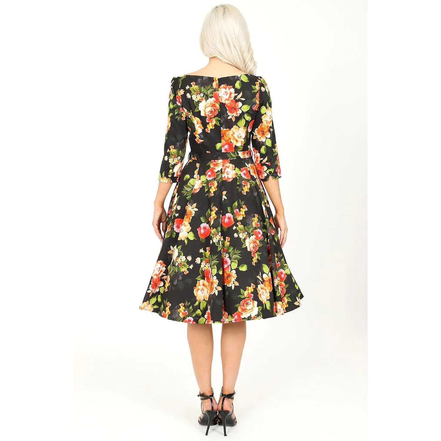 Black Floral Print 50s Swing Tea Dress With Boat Neck & 3/4 Sleeves