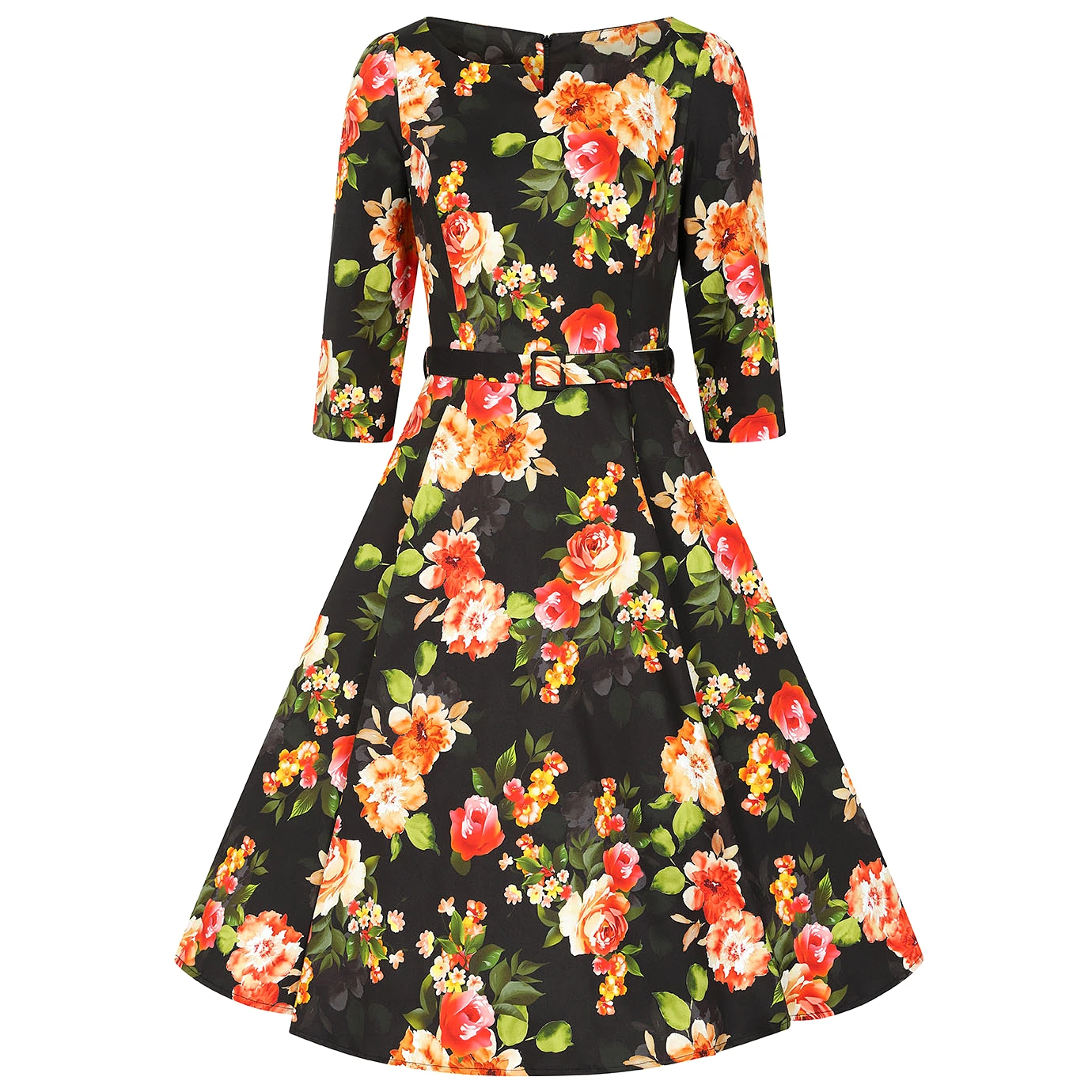 Black Floral Print 50s Swing Tea Dress With Boat Neck & 3/4 Sleeves