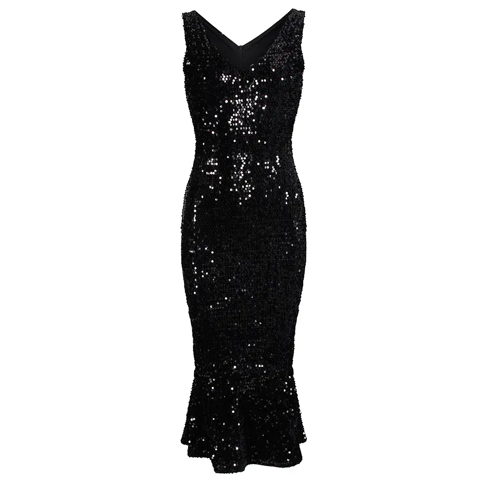 Black Sequin Sleeveless Peplum Hem Bodycon Wiggle Party Dress