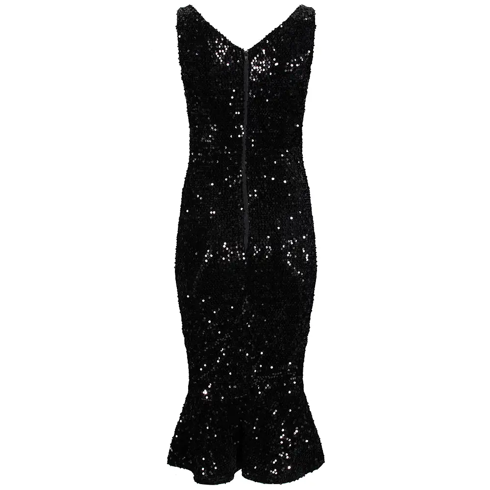 Black Sequin Sleeveless Peplum Hem Bodycon Wiggle Party Dress