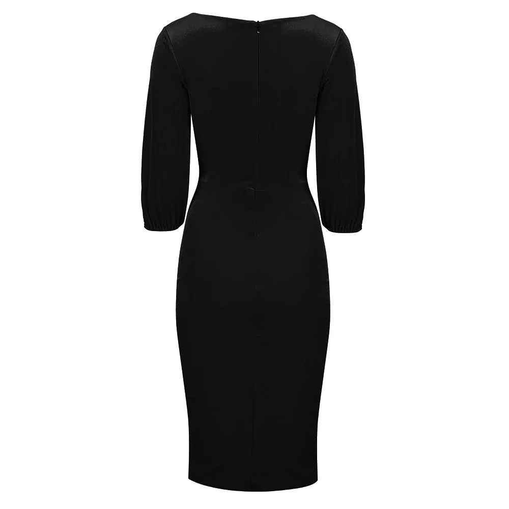 Black Velour Diamond Neckline 3/4 Sleeve Vintage Wiggle Dress