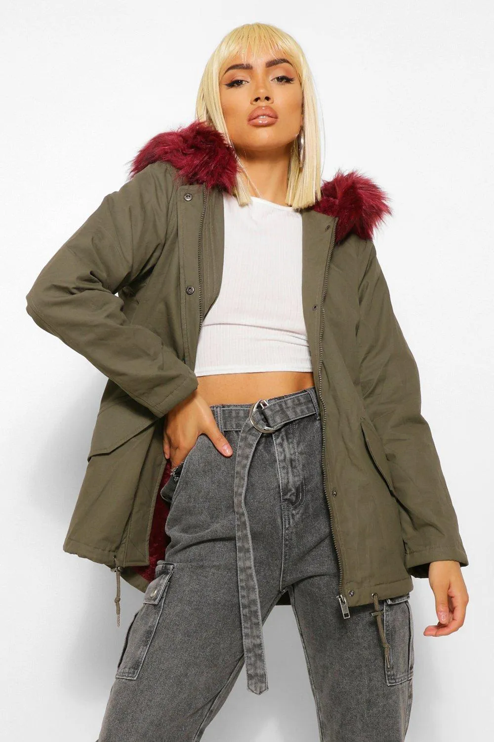 Burgundy Faux Fur Trim Parka