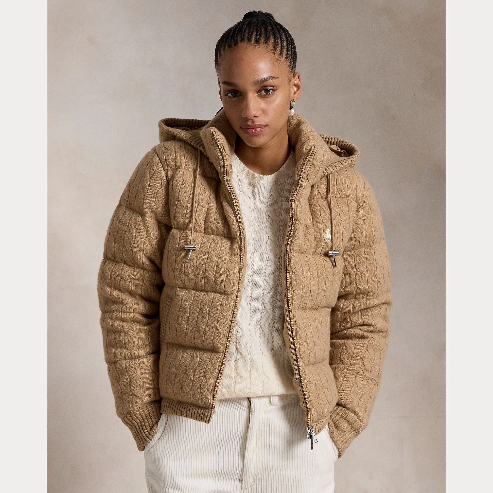 CABLE-KNIT HOODED DOWN COAT