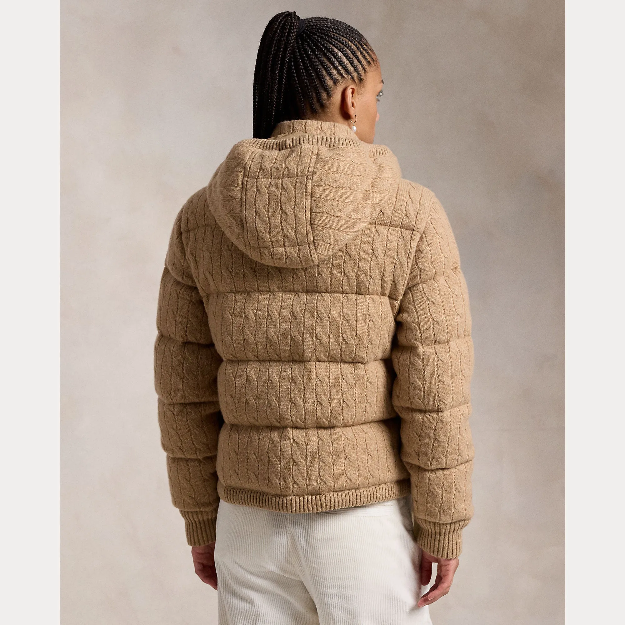 CABLE-KNIT HOODED DOWN COAT