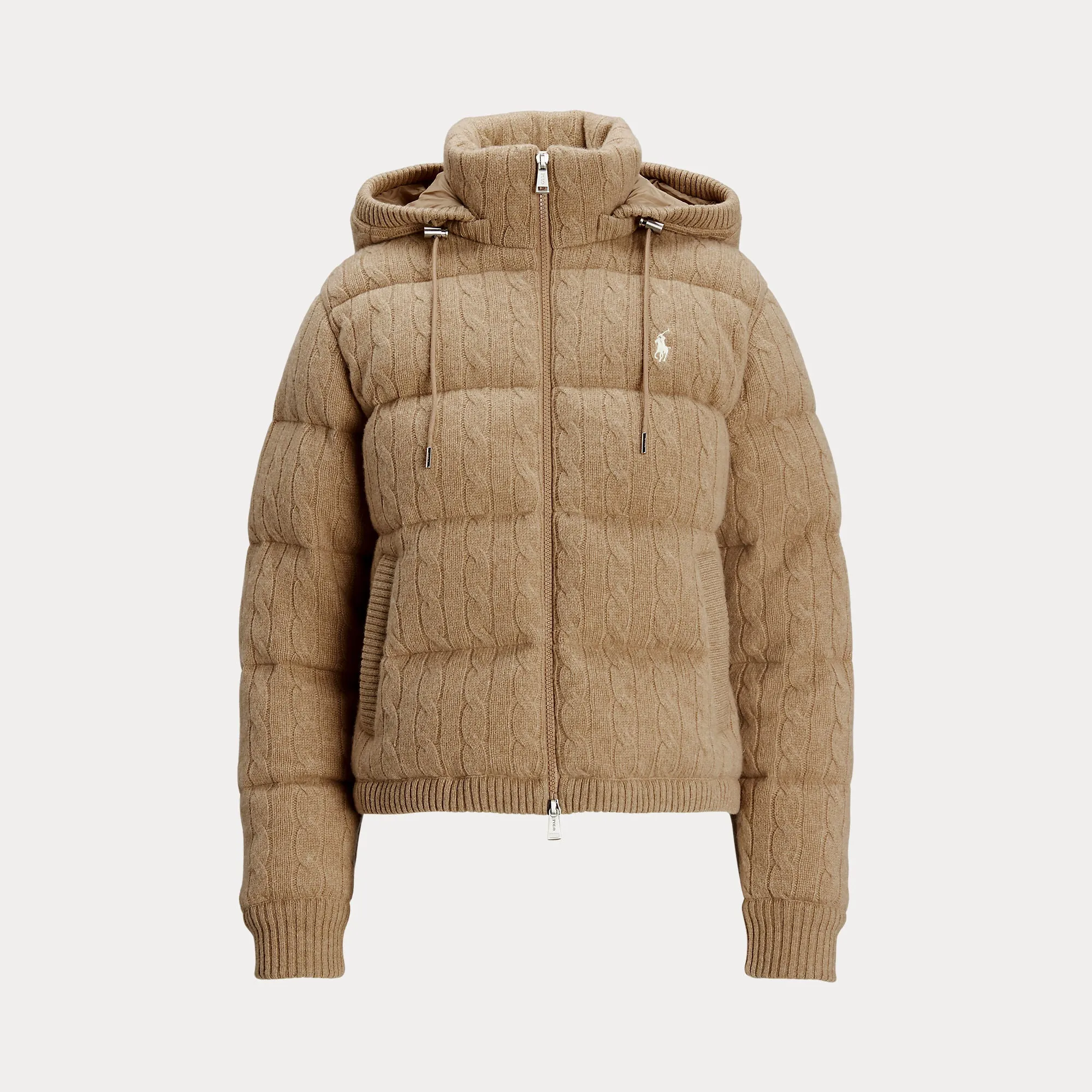 CABLE-KNIT HOODED DOWN COAT