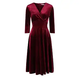 Claret Red Velour Deep V Wrapover 3/4 Sleeve Swing Dress