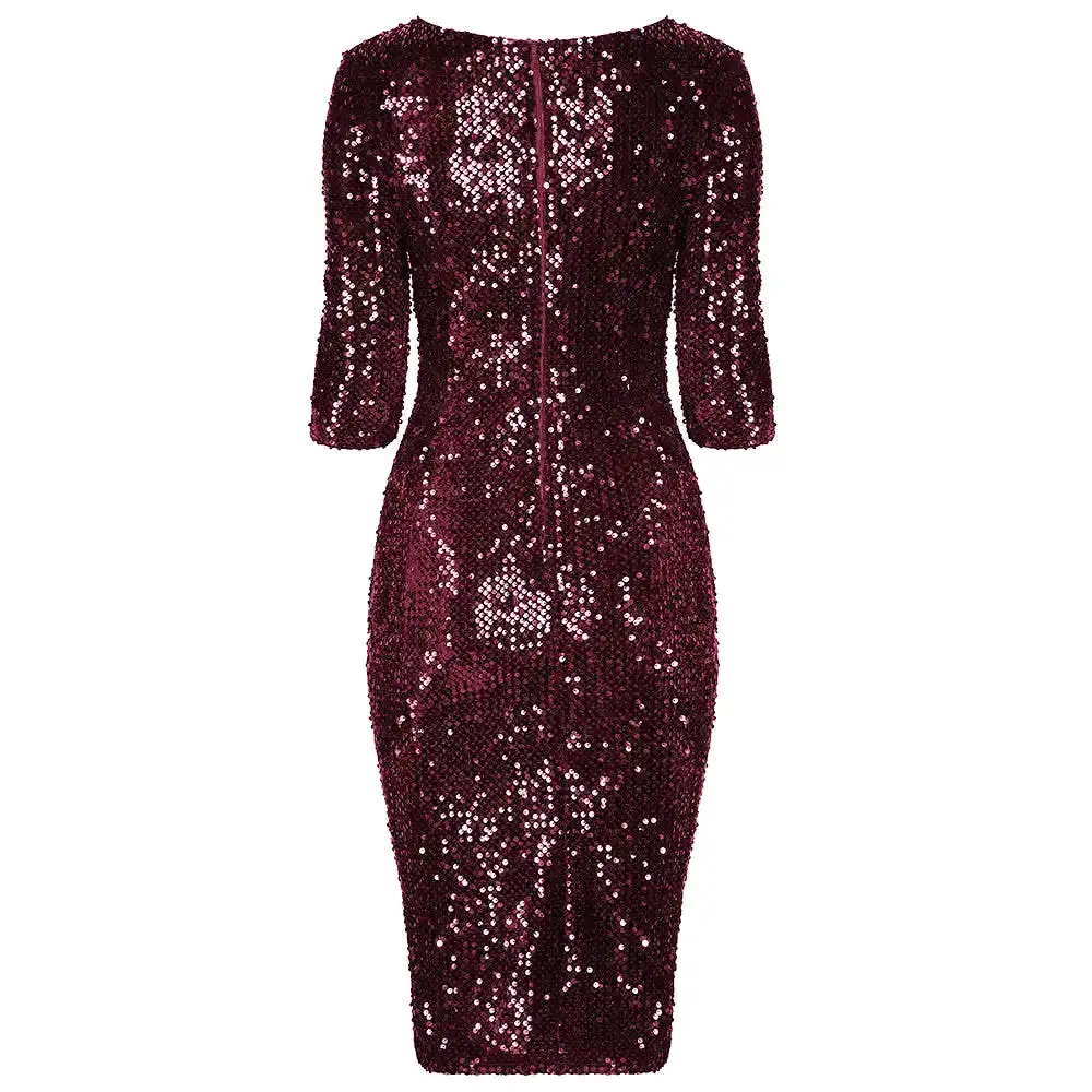 Claret Wine Red Velour Sequin Wiggle Dress