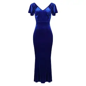 Cobalt Blue V Neck Velour Maxi Dress w/ Fishtail Hem & Waterfall Sleeves