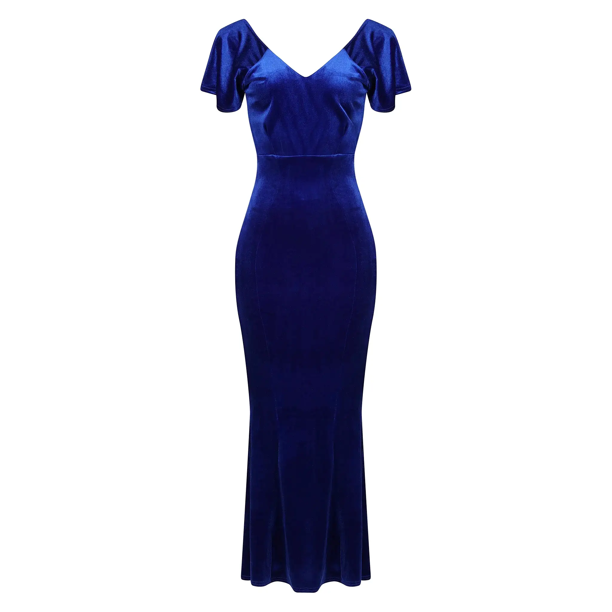 Cobalt Blue V Neck Velour Maxi Dress w/ Fishtail Hem & Waterfall Sleeves