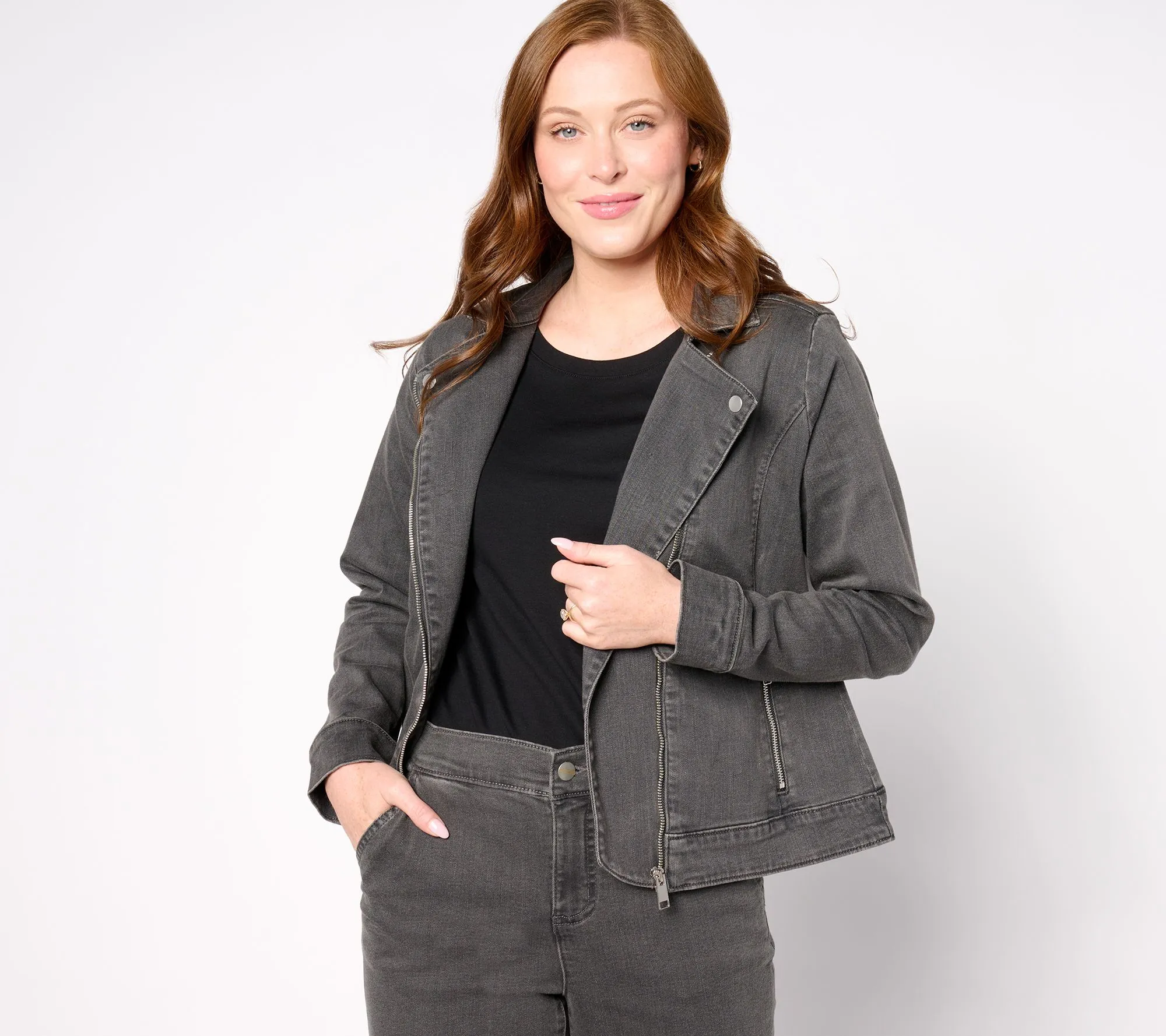 Denim & Co. Signature Perfect Flex Black/Grey Moto Jacket