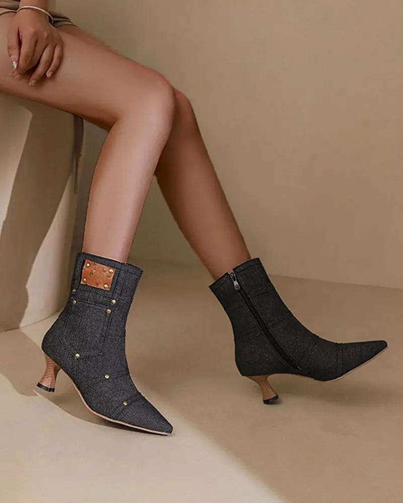 Denim Rivet Zipper Ankle Boots