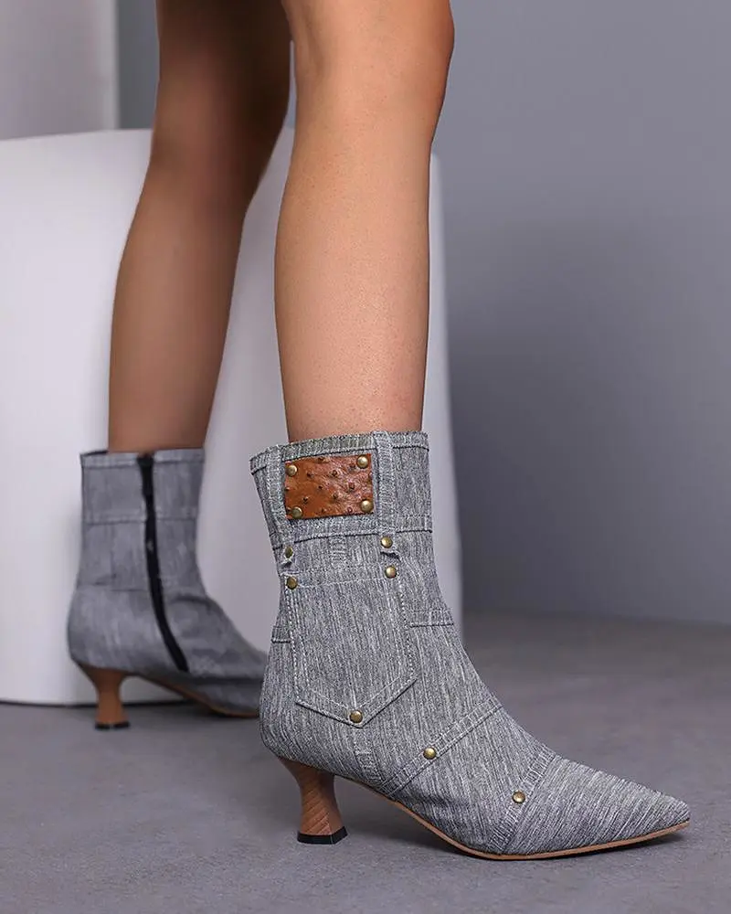 Denim Rivet Zipper Ankle Boots