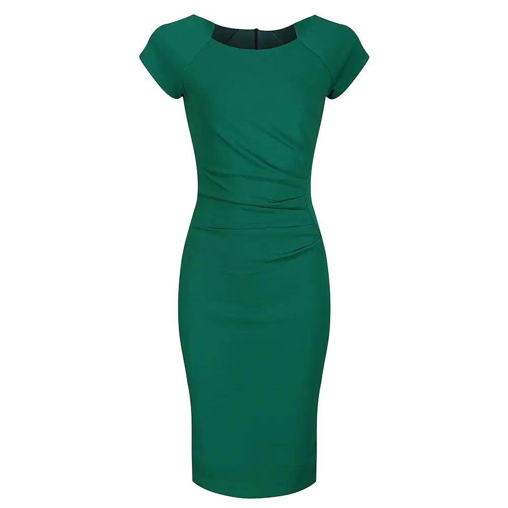 Emerald Green Capped Sleeve Ruched Bodycon Pencil Dress