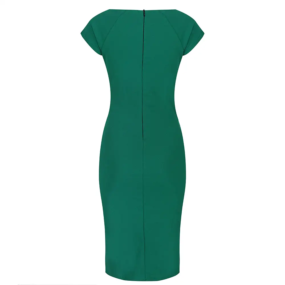 Emerald Green Capped Sleeve Ruched Bodycon Pencil Dress