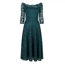 Emerald Green Lace Vintage Style Swing Dress With 3/4 Sleeves & Boat Neck