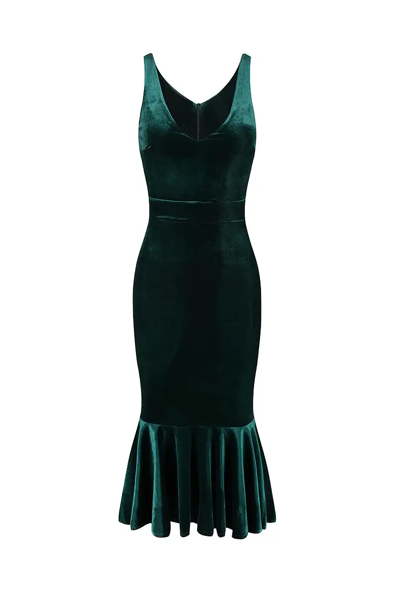 Emerald Green Velour Sleeveless Peplum Hem V Neck Wiggle Dress