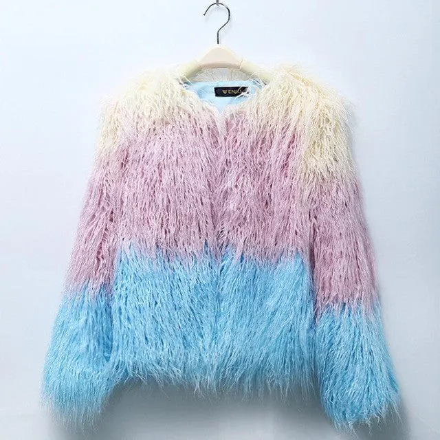 Faux Fur Coat Mix Color Long Sleeve Female Shaggy Jacket Winter Slim Elegant Fashion Outerwear Jacket Ladies Coats#C822 SM6