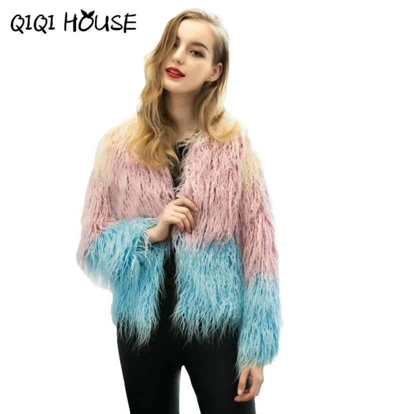 Faux Fur Coat Mix Color Long Sleeve Female Shaggy Jacket Winter Slim Elegant Fashion Outerwear Jacket Ladies Coats#C822 SM6