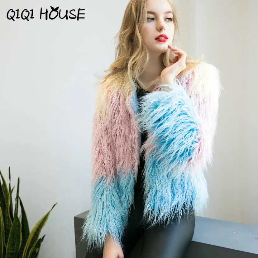 Faux Fur Coat Mix Color Long Sleeve Female Shaggy Jacket Winter Slim Elegant Fashion Outerwear Jacket Ladies Coats#C822 SM6