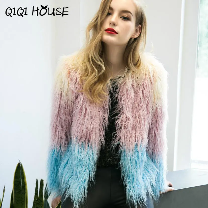 Faux Fur Coat Mix Color Long Sleeve Female Shaggy Jacket Winter Slim Elegant Fashion Outerwear Jacket Ladies Coats#C822 SM6