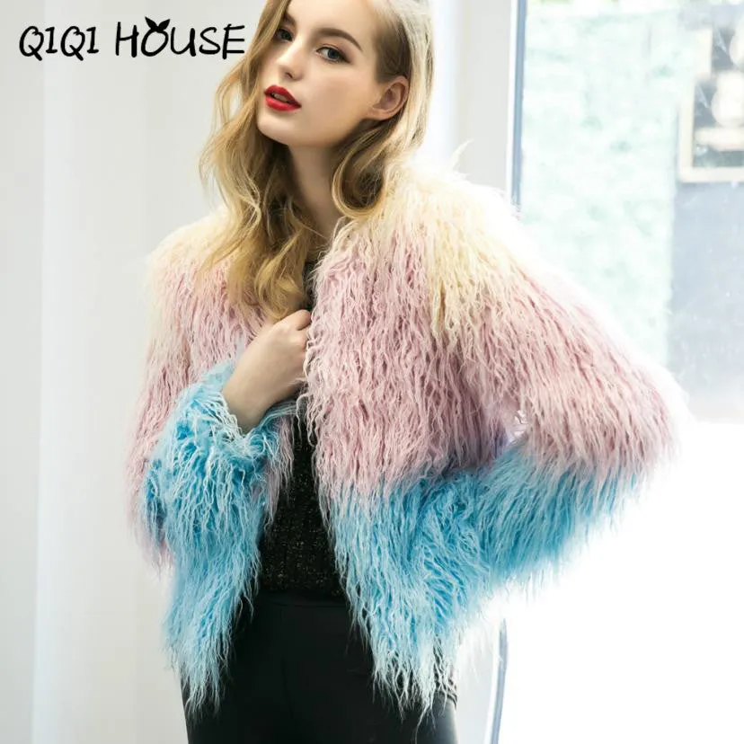 Faux Fur Coat Mix Color Long Sleeve Female Shaggy Jacket Winter Slim Elegant Fashion Outerwear Jacket Ladies Coats#C822 SM6