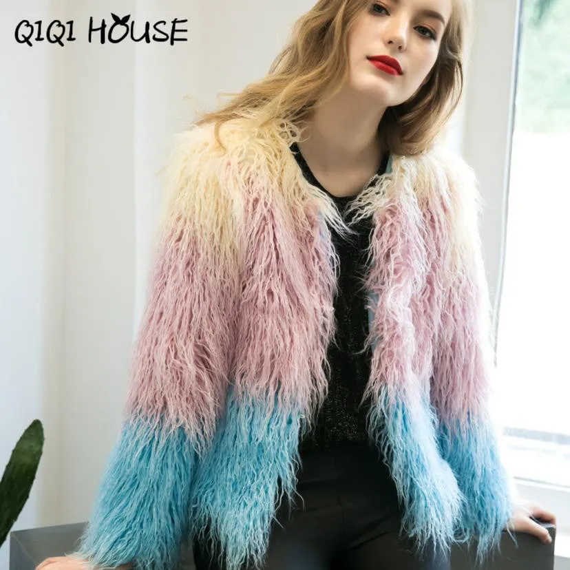 Faux Fur Coat Mix Color Long Sleeve Female Shaggy Jacket Winter Slim Elegant Fashion Outerwear Jacket Ladies Coats#C822 SM6