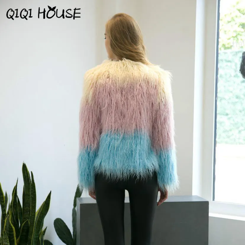 Faux Fur Coat Mix Color Long Sleeve Female Shaggy Jacket Winter Slim Elegant Fashion Outerwear Jacket Ladies Coats#C822 SM6