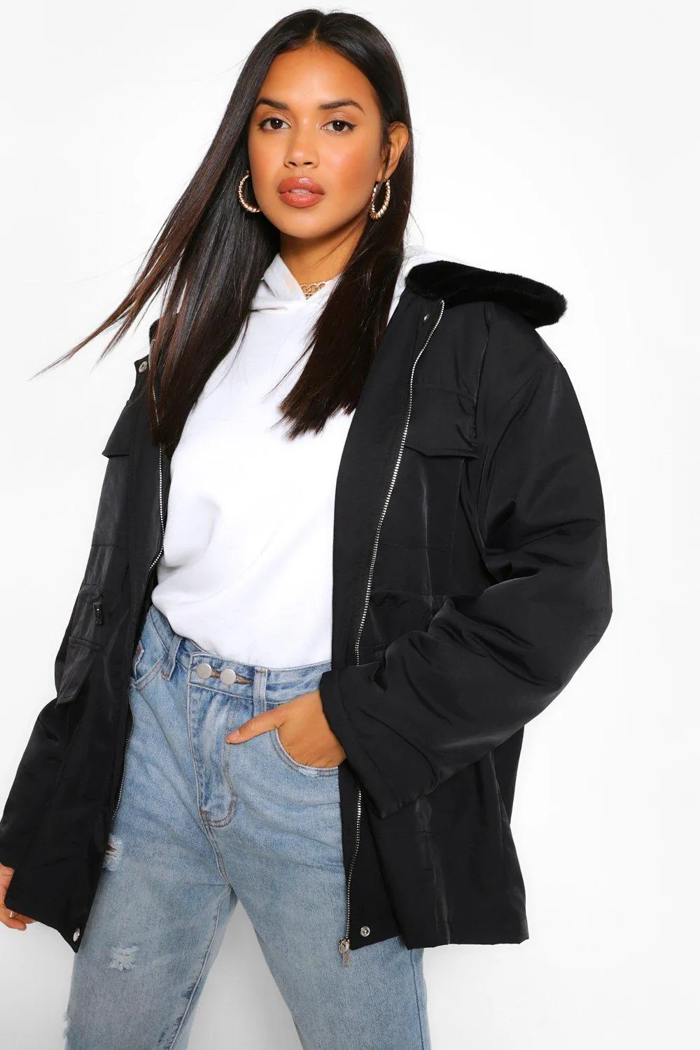 Faux Fur Collar Lightweight Parka