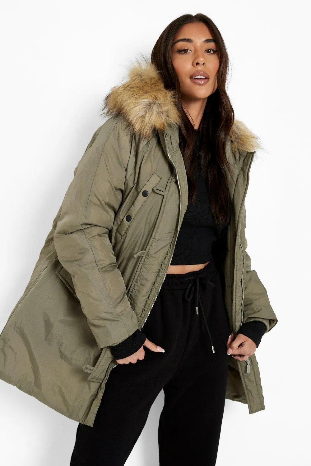 Faux Fur Hooded Parka Coat