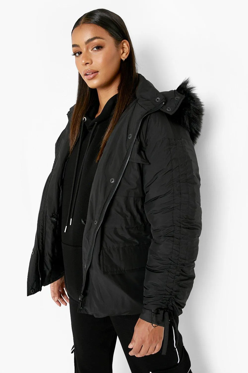 Faux Fur Trim Ruched Sleeve Parka