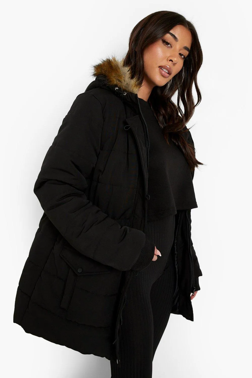 Faux Fur Trim Sporty Parka Coat