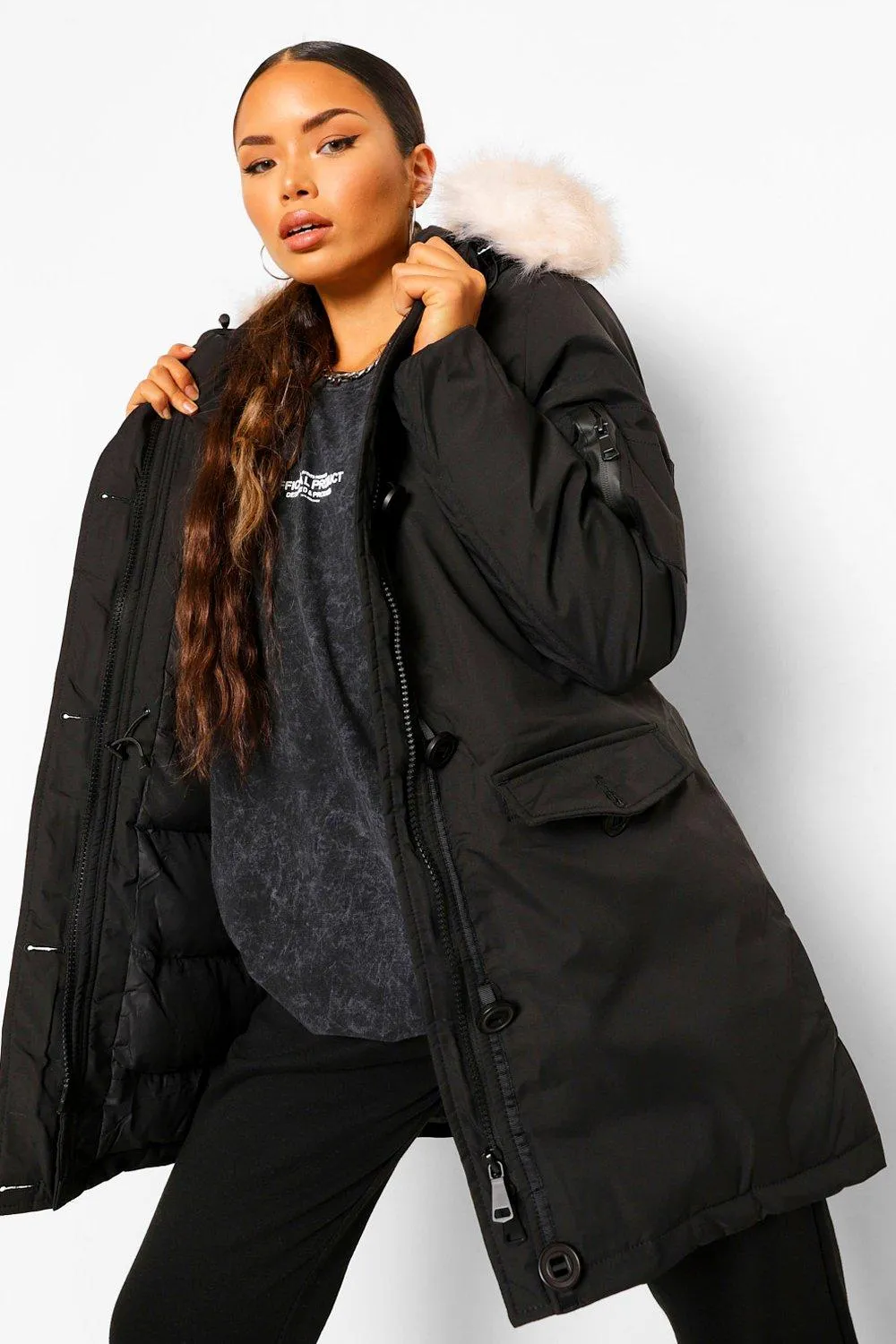 Faux Fur Trim Sporty Parka