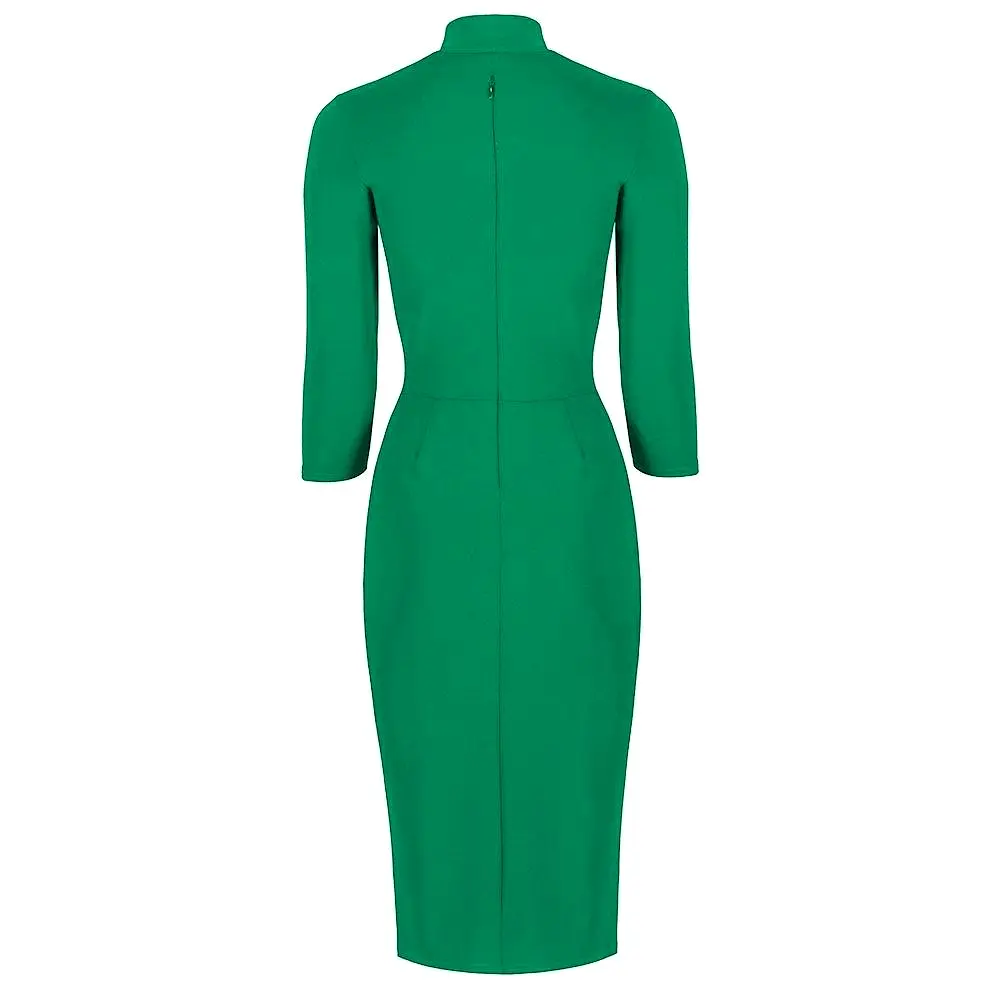 Green 3/4 Sleeve Tie Neck Bodycon Pencil Dress